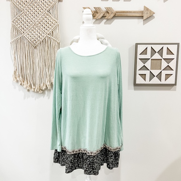 Easel Mint Green Brown Floral Trim Long Sleeve Tunic Size Medium - Picture 1 of 10